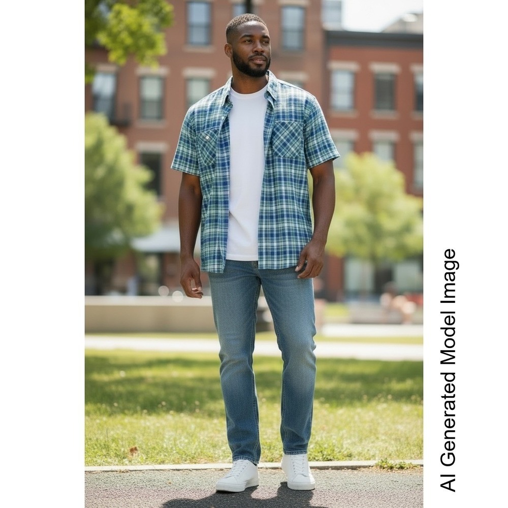 Rocawear Classic Mens 2XB Blue‎ Green Plaid Short Sleeve Button Down Shirt Urban